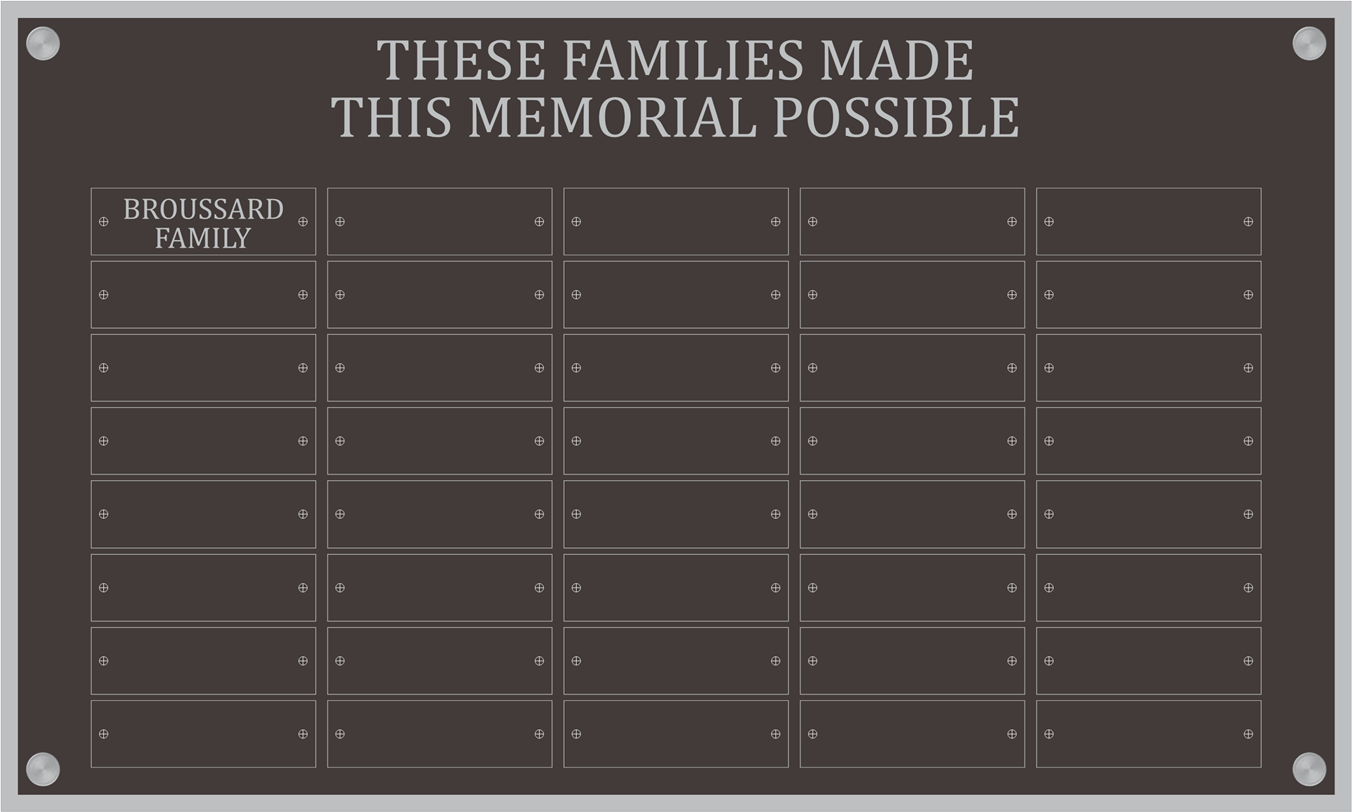 The Tier 5 family donation plaque, headed "These families made this memorial possible", listing family names in three columns.